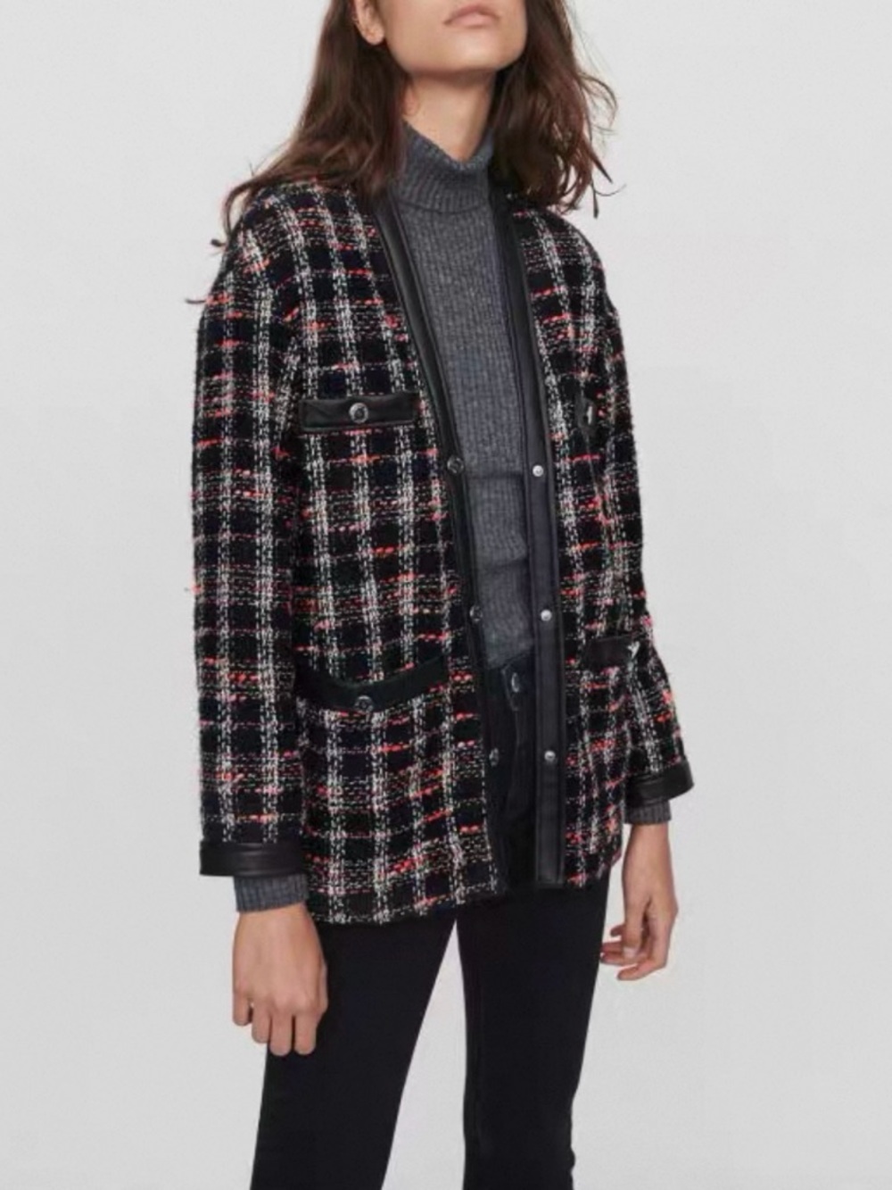 Maje Black and Pink Tweed Mini Skirt with Faux Leather Trim